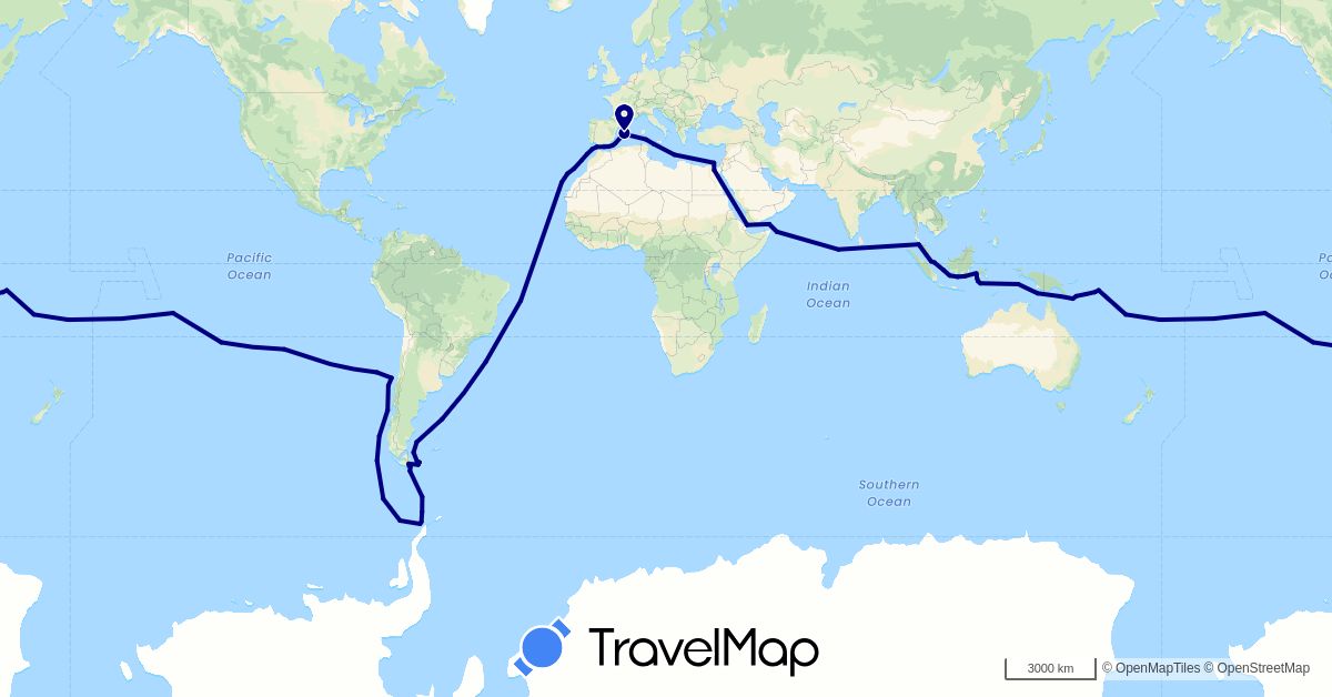 TravelMap itinerary: driving in Chile, Spain, Fiji, France, Maldives, Malaysia, Pitcairn Islands, Solomon Islands, Vanuatu (Asia, Europe, Oceania, South America)